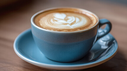 Fototapeta premium Perfectly crafted latte with beautiful heart-shaped foam art in vibrant teal ceramic cup, matching saucer, resting on warm wooden surface, ideal for conveying warmth, comfort, cozy coffee experience