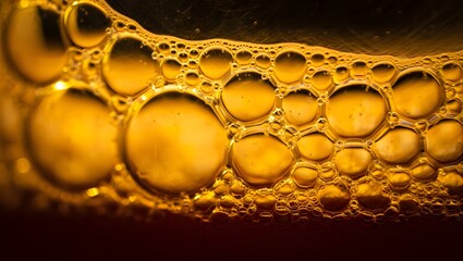 Close up of golden liquid bubbles, beer foam, oil texture, abstract macro shot, drink