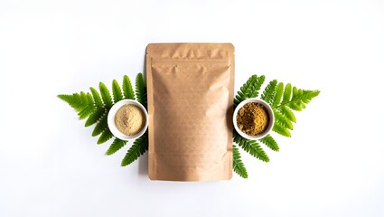 Kraft paper pouch mockup with natural ingredients and fern leaves for product display