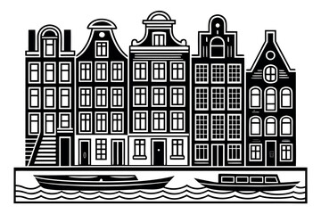 Obraz premium Black and white line drawing of canal houses and boats