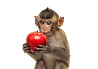 Isolated Baby Monkey Holding a Bright Red Apple