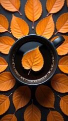Autumn coffee aesthetic wallpaper with orange leaves and dark cup for fall season