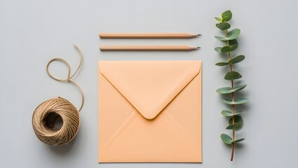 Discover stationery flat lay: envelope, pencils, twine, and eucalyptus for crafting ideas