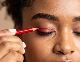 Woman applying red eyeliner