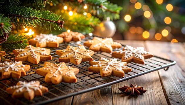 Christmas gingerbread cookies on a cooling rack