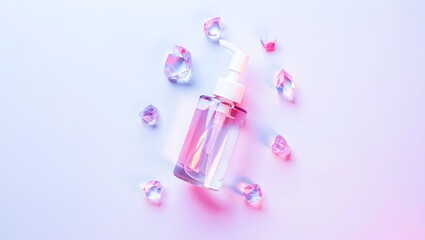 Iridescent skincare product bottle with crystals for beauty and cosmetic industry