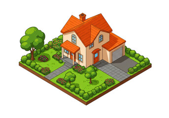 Isolated Isometric View of Charming House with Garden