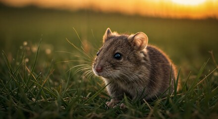 Cute field mouse on green grass during sunset, curious, natural environment, copy space
