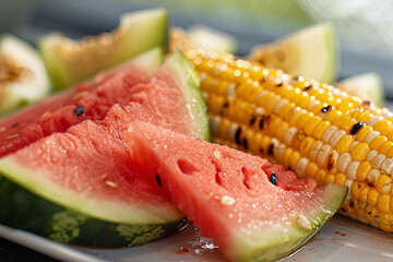summer food photography, close-up of watermelon slice and grilled corn, vibrant and juicy in a macro shot