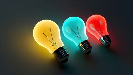 Colorful light bulbs glowing on dark background for creative ideas and innovation