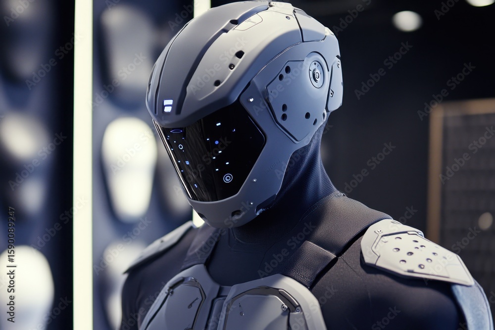 Poster futuristic robot mannequin showcasing advanced design features in a modern setting