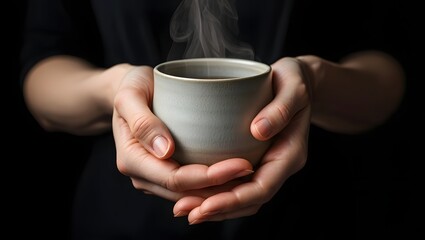 Hands holding hot tea cup steaming beverage warm drink comfort cozy dark background