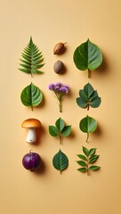 Flat lay autumn nature composition with leaves mushroom nuts and purple flower design