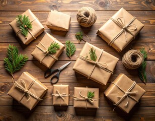 Fototapeta premium kraft paper gift wrapping flatlay with twine, pine sprigs, and scissors on rustic wooden table, soft natural side lighting, cozy holiday mockup for product display and seasonal content 