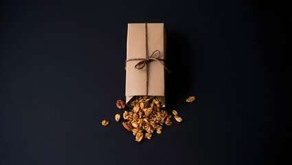 Delicious granola in a brown paper bag for healthy breakfast snack food concept shot