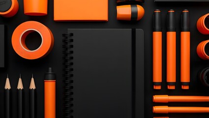 Flat lay of black notebook with orange stationery items for office and school use