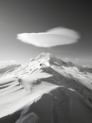 Black and white winter mountain landscape with snow and cloud scenic view nature peak
