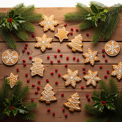 Top-down shot of gingerbread cookies, Christmas greenery, and pomegranate seeds scattered over rustic table. Warm cozy light copy