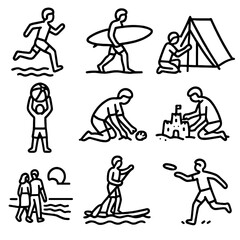 Beach Adventure Icons. Outline style icons of Beach Adventure Silhouette: running along shore, surfing silhouette, setting up