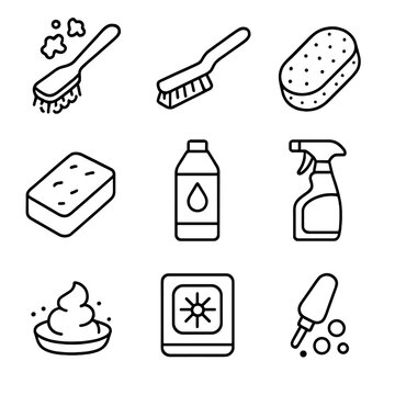 Cleaning Tool Icons. Outline style icons of Grime and Stain Removal Tools: mildew scrubber, grout brush, heavy-duty sponge,