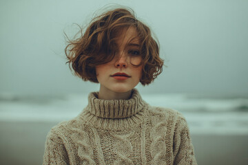 Moody coastal portrait of young woman in cable-knit sweater