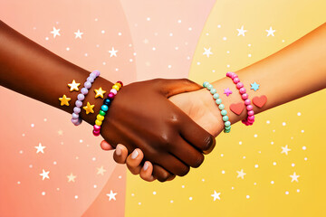 Friendship Day Hands of Different Skin Tones Shaking in Unity Symbolizing Global Bond, Love, Diversity, and Positive Connection Between People Celebration