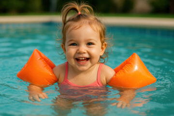 Happy baby girl swimming with inflatable armbands in a pool