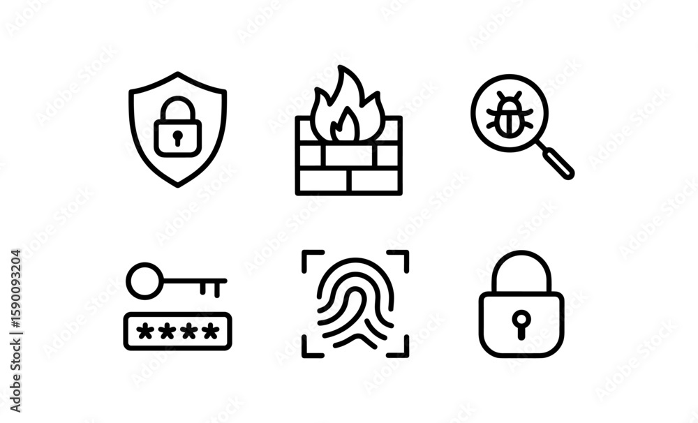 Poster simple security icons featuring firewall, lock, and key elements in linear design