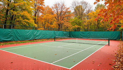 Autumn tennis court with dry leaves