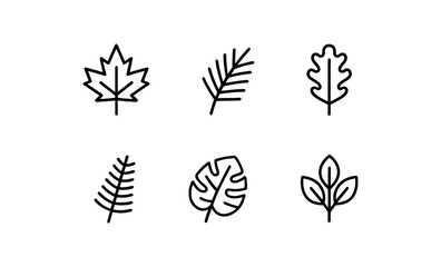 Minimalist linear leaf icons set featuring maple, palm, and monstera designs