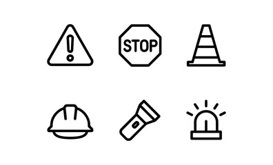 Safety icons set: warning, stop, traffic cone, helmet, flashlight, alarm