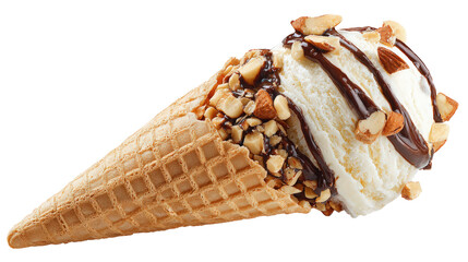 Delicious Vanilla Ice Cream Cone with Chocolate Syrup and Nuts on a Transparent Backdrop