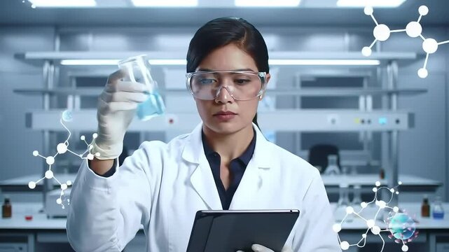 Female scientist in a lab coat and safety glasses examines a glowing liquid in a test tube while holographic molecular structures and virus particles float around her - Powered by Adobe