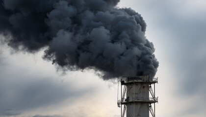 tall factory chimney emitting thick black smoke under overcast sky