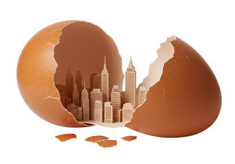 Isolated Miniature Cityscape Inside Broken Eggshell
