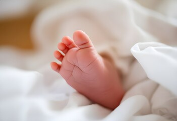Newborn baby feet resting on a blanket, symbolizing new life, maternity care, and gentle beginnings. Tiny infant heels. Neonatal health, parenting, and postnatal care. Maternity hospital. Pediatrics 