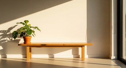 Sunlit Minimalist Interior with Wooden Bench and Indoor Plant


