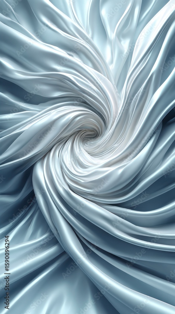 Poster soft light blue and white fabric flows and swirls in an elegant abstract spiral design, creating a b