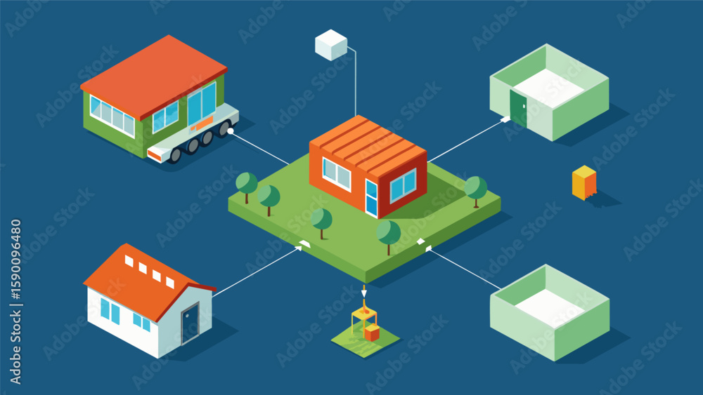 Poster an aerial view of a modular home being built highlighting the stepbystep process of each module bein