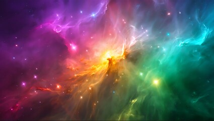 Obraz premium Cosmic Canvas: A Spectacular Display of Nebular Colors Across the Universe, Ethereal Beauty: Colorful Nebula with Shining Stars Amidst Cosmic Gas and Dust