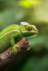 Obraz premium Chameleon, Reptile, and Lizard on a Green Branch in Nature's Wildlife Camouflage