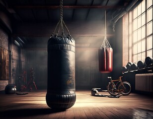 ai generated ai generative dark vintage retro old gym boxing bag fitness sport martial arts room interior background sport life motivation inspiration