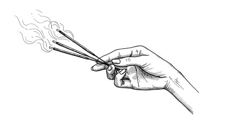 Incense sticks with smoke in woman’s hands – vintage ink sketch hand-drawn black and white vector illustration