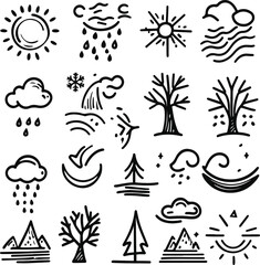17 black and white line icons related to fitness and gym activities, including dumbbell, yoga mat, running shoe, kettlebell, stopwatch, water bottle, and heart rate. Use an abstract, hand-drawn.eps