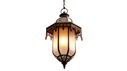 Ornate Hanging Lantern with Warm Light and Intricate Metalwork on Transparent Background