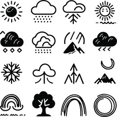 16 black and white line icons related to fitness and gym activities, including dumbbell, yoga mat, running shoe, kettlebell, stopwatch, water bottle, and heart rate. Use an abstract, hand-drawn.eps