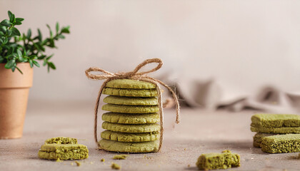Stack of crunchy homemade matcha shortbread cookies tied with string, top view, rustic background, soft warm light, Generative AI
