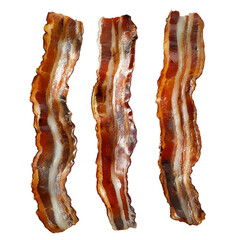 Fototapeta premium Three strips of cooked bacon arranged vertically, showcasing their texture and color isolated on transparent background