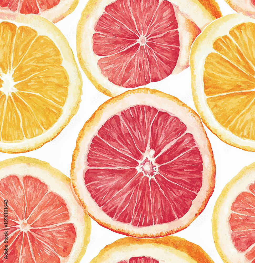 Poster colorful citrus fruit slices arranged in an artistic pattern on a light background