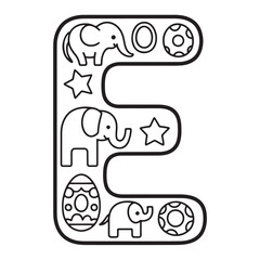 Alphabet Letter E Coloring Page – Fun and Educational Doodle with Elephants, Eggs, and Stars – ABC Line Art Worksheet for Kids Learning the Alphabet

